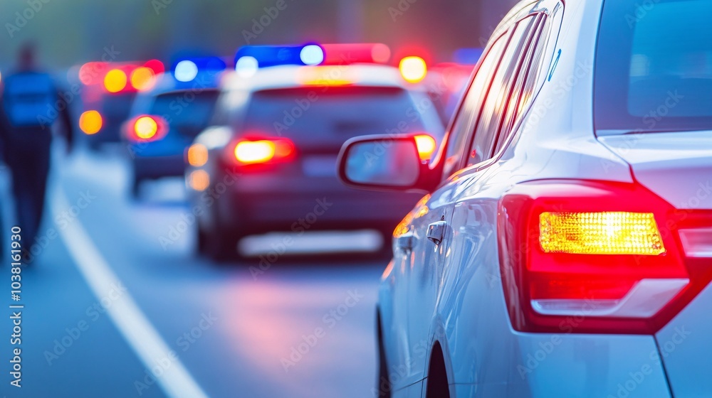Poster police cars arriving at the scene of a robbery in progress with flashing sirens and onlookers gather