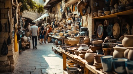 A bustling pottery market with pottery tools and artisanal wares, Pottery tools arranged amidst rows of pottery displays and bustling shoppers, Artisanal market style