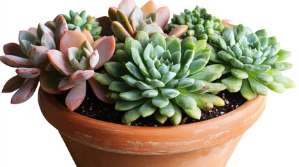 Succulents in mint and jade shades in terracotta pot