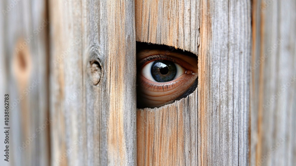 Poster Masked thief caught on surveillance camera entering a private property through a backdoor Stock Photo with side copy space