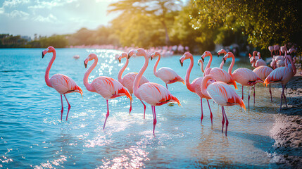 Obraz premium Pink flamingos wading in a shallow body of water.