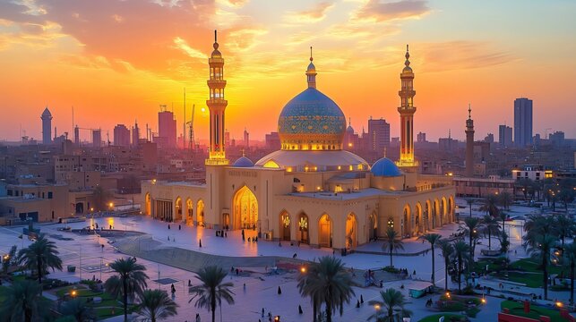 The al-rahman mosque glowing at sunset in baghdad iraq