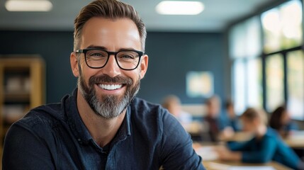 Fototapeta premium Friendly Teacher Smiling in Classroom Setting