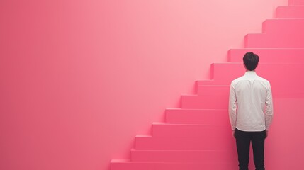 Man Standing at the Bottom of Pink Stairs Representing the Start of a Customer Journey Concept