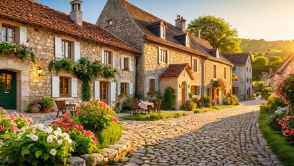 Naklejka premium European resort village in a countryside setting, charming stone cottages with flower-filled gardens