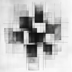 complex geometric composition of overlapping squares and lines in a grayscale abstract artwork