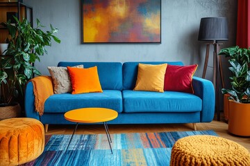Blue Velvet Sofa Living Room Interior Design with Yellow Pillows and Rug