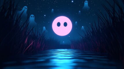 Fototapeta premium Mysterious night whimsical ghosts and a floating pink sphere illuminate a tranquil waterway under a starry sky