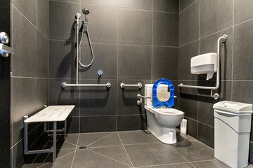 Disability friendly generic restroom sanitary with hand rails and bars, bench for handicap users or...