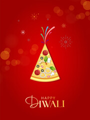 Happy Deepavali or Diwali with pizza creative concept. Festival of Lights. Diwali holiday Background with rangoli, Diwali celebration greeting card, 3d illustration.