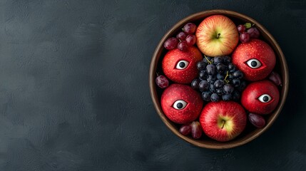 A creative arrangement of eyeball apples and grapes in a bowl an artistic take on healthy eating and food presentation