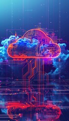 Vibrant neon cloud computing logo blending circuit graphics on striking blue background