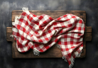 Obraz premium Red and White Checkered Tablecloth on Wooden Cutting Board.