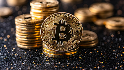Bitcoin Cryptocurrency Coin on Black Background.