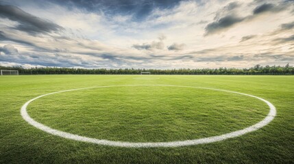 A soccer field's center circle with focus on the grass pattern and center mark, outdoor setting with cloudy sky, Classic style