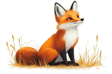 Obraz premium Cute Red Fox Sitting in Grass Cartoon Illustration