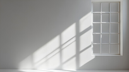 Obraz premium A white wall with a window and sunlight casting a shadow.