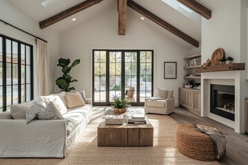 Fototapeta premium Modern Living Room with Exposed Beams Fireplace and Natural Light