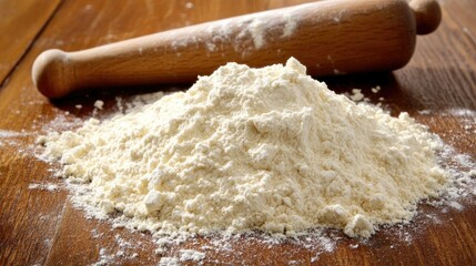 A heap of wheat flour on a wooden kitchen countertop, with a dusting of flour scattered around and a rustic rolling pin beside it. --chaos