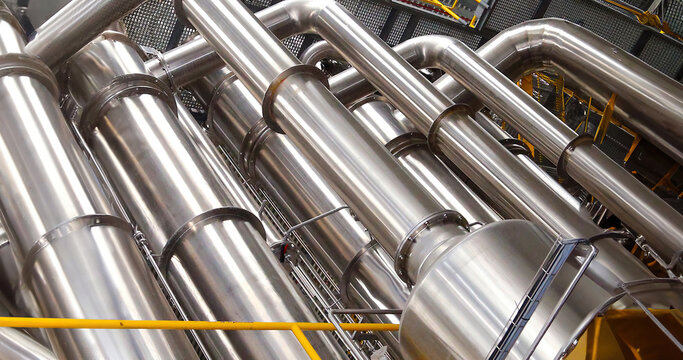 Industrial stainless steel pipes and machinery in a manufacturing facility under bright lighting