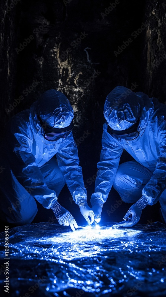 Poster forensic team working under bright lights in an urban crime scene stock photo with side copy space