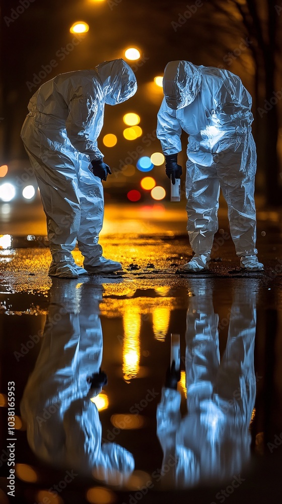 Poster forensic team working under bright lights in an urban crime scene stock photo with side copy space