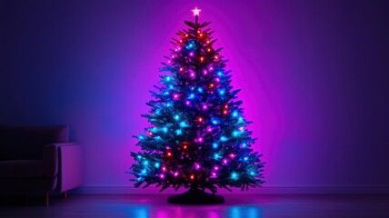 Vibrant Christmas tree with colorful lights, family decorating together, joyful holiday atmosphere Christmas tree  lights, family, colorful