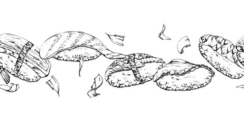 Traditional Japanese food, nigiri sushi with raw fish tuna salmon unagi shrimp, tamagoyaki tako octopus, hand drawn in vector pen, ink. Seamless banner for restaurant, cafe menu, kitchen, recipe book