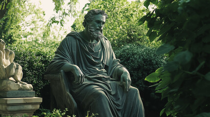 Obraz premium A serene garden scene featuring a Hellenistic philosopher surrounded by lush greenery and stone sculptures.