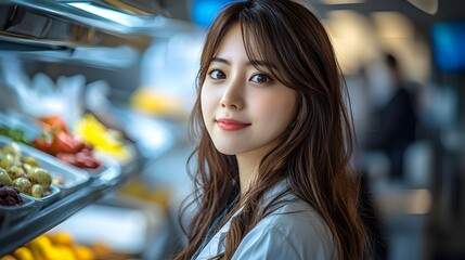 Asian female dietitian wearing lab coat standing in front of display of healthy foods nutrition charts and clean organized environment with copy space for text or branding