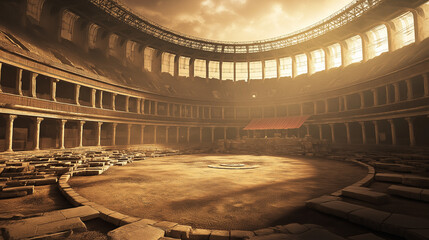 An interior view of a Roman gladiator arena, highlighting the architecture and atmosphere.