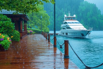 Luxury Yacht Moored on Rainy Day Scene