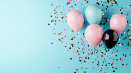 Colorful Party Balloons and Confetti on Light Blue Background for Celebrations and Festive Occasions