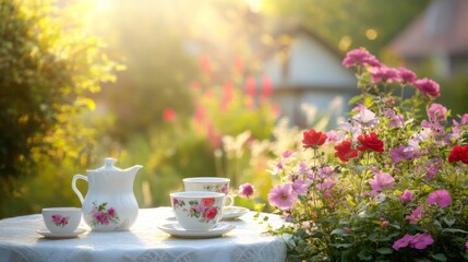 Elegant Afternoon Tea Set in a Floral Garden