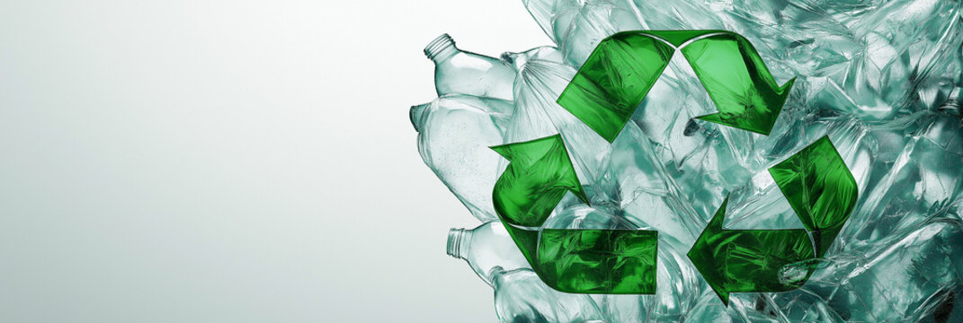 Conceptual image of a recycle symbol formed with crushed transparent plastic bottles highlighting eco-friendliness, Ai