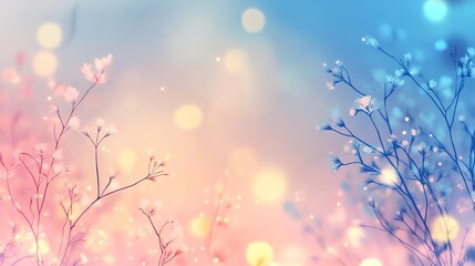 Wild Flowers and Leaves Blurred Lights background on pink blue gradient abstract