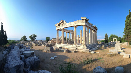 Fototapeta premium A majestic view of the Parthenon, with sunlight casting soft shadows across its columns, highlighting the marble’s texture and ancient carvings against a clear blue sky.