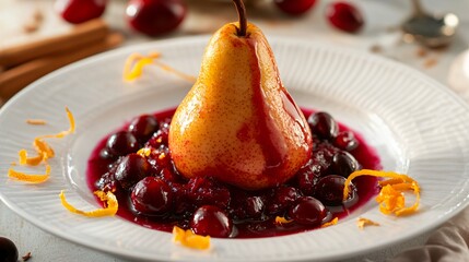 Pear and cranberry compote, isolated on a white ceramic plate with orange zest and cinnamon sticks as garnish