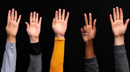Obraz premium Hands Raised in Unity: Diverse Hands Reaching Up Against Black Background 