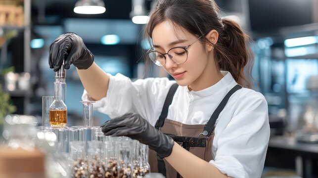 Female Distiller Carefully Measuring Ingredients for a Unique Gin Recipe in a Boutique Distillery with Glass Containers