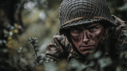Obraz premium A WWII soldier crouching behind cover in a battlefield setting, dressed in authentic gear. v2