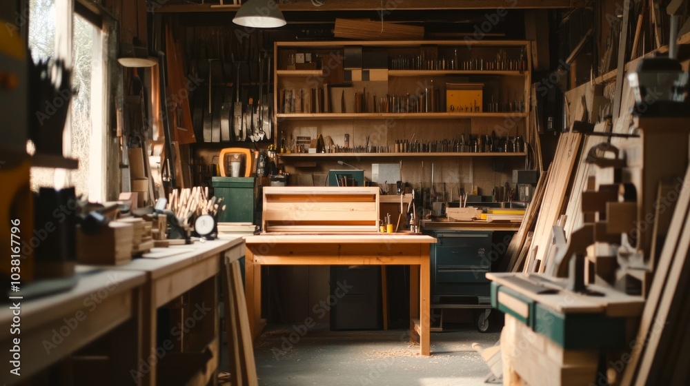 Aufkleber a bustling woodworking studio with carpentry tools and lumber, woodcraft tools neatly displayed in a