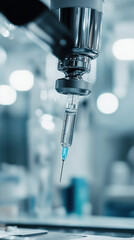 A syringe is being used to inject a blue liquid into a vial. The syringe is attached to a machine that is used to administer medication. Concept of medical precision and care