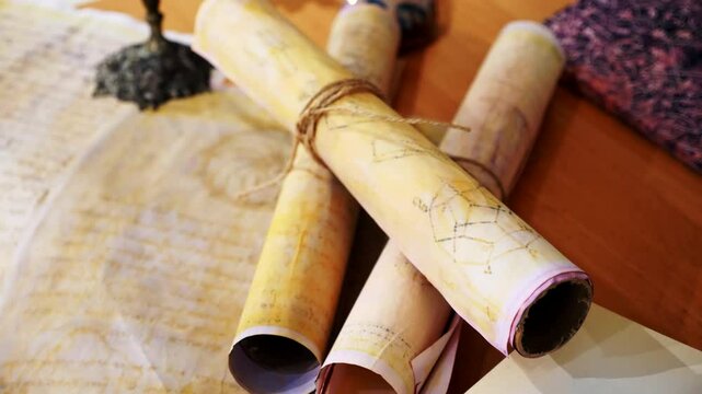 Ancient parchment, bound by time. Aged scrolls and candles. Manuscripts, ancient papers, documents. A historical find, a treasure. The pen, the secret of the ages. Scrolls, a candle
