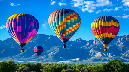 Fototapeta premium Hot Air Balloons Soaring Over Mountain Range.