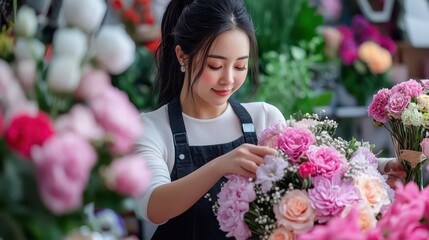 Fototapeta premium Talented Female Florist Crafting Exquisite Wedding Bouquet Amidst Vibrant Floral Wonderland with Precision and Care