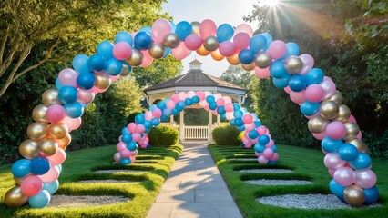 Festive Balloon Garland Archway in a Garden Setting