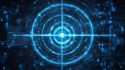 Obraz premium A blue circle with a bright light in the center. The circle is surrounded by a blurry, pixelated background