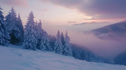 Fototapeta premium Impressive winter morning in mountains with snow-covered fir trees. Colorful outdoor scene, Happy New Year celebration concept. Art style post-processed photos.