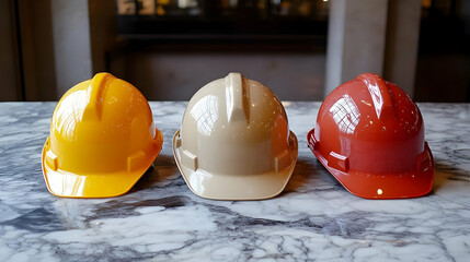 Three Hard Hats on a Marble Table.